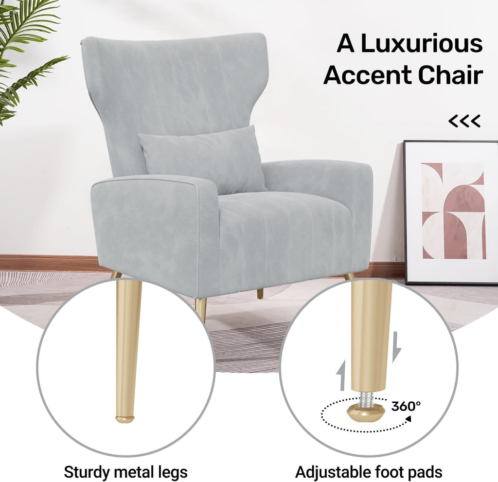 Velvet Accent Chair Wingback , High Back Arm Chair with Golden Legs Lumbar Pillow, Upholstered Single Sofa Bedroom