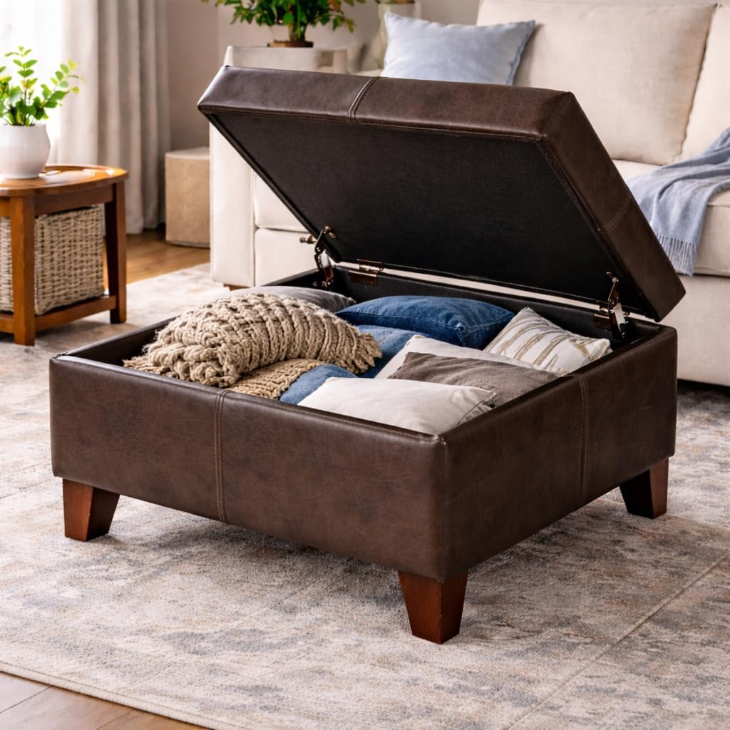 28" Faux Leather Square Storage Ottoman - Brown