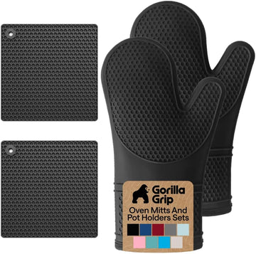 BPA-Free Soft Silicone Oven Mitts and Pot Holders Sets of 4, Heat Resistant Waterproof Cooking Gloves, Thick Cotton