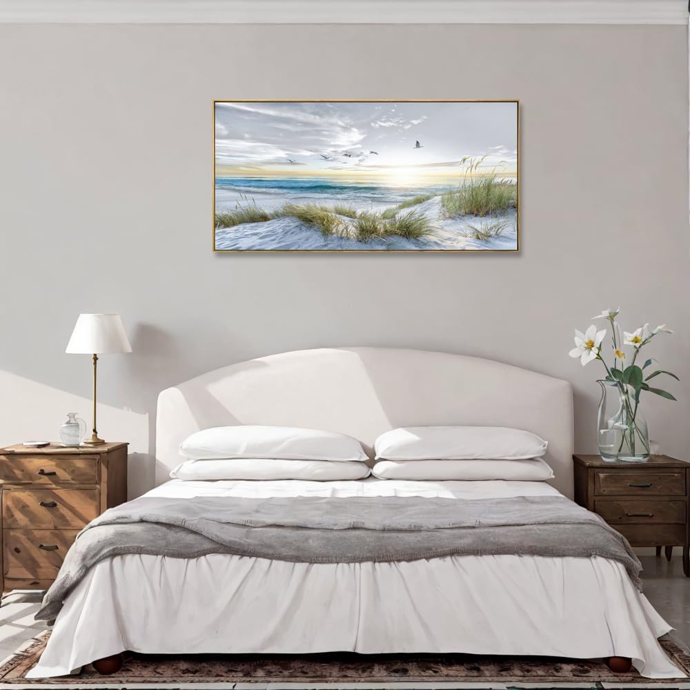 Canvas Prints Wall Art Beach Sunrise Ocean Waves Beach Grass Nature Pictures Stretched Canvas Wooden Framed Bedroom