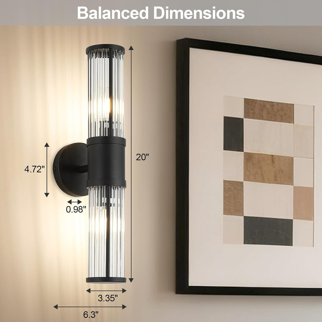 19.69" Modern Bathroom Wall Sconce Light Fixture, Black Glass Rod Vanity Light with E12 Base, Up or Down Mounting for