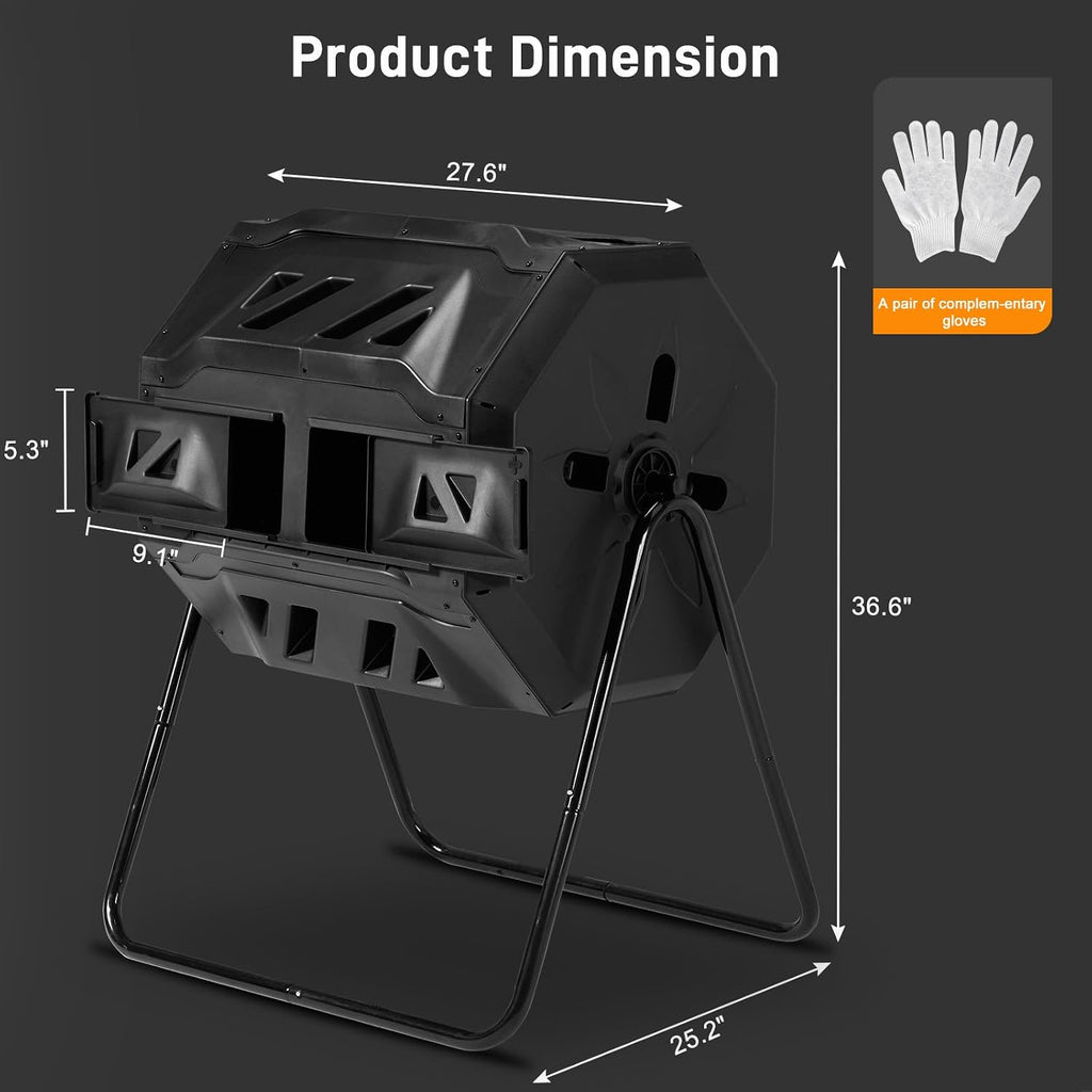 Outdoor Dual Chamber Compost Tumbler, 43 Gallon Black Rotating Batch Compost Bin with Sliding Doors Kitchen Yard