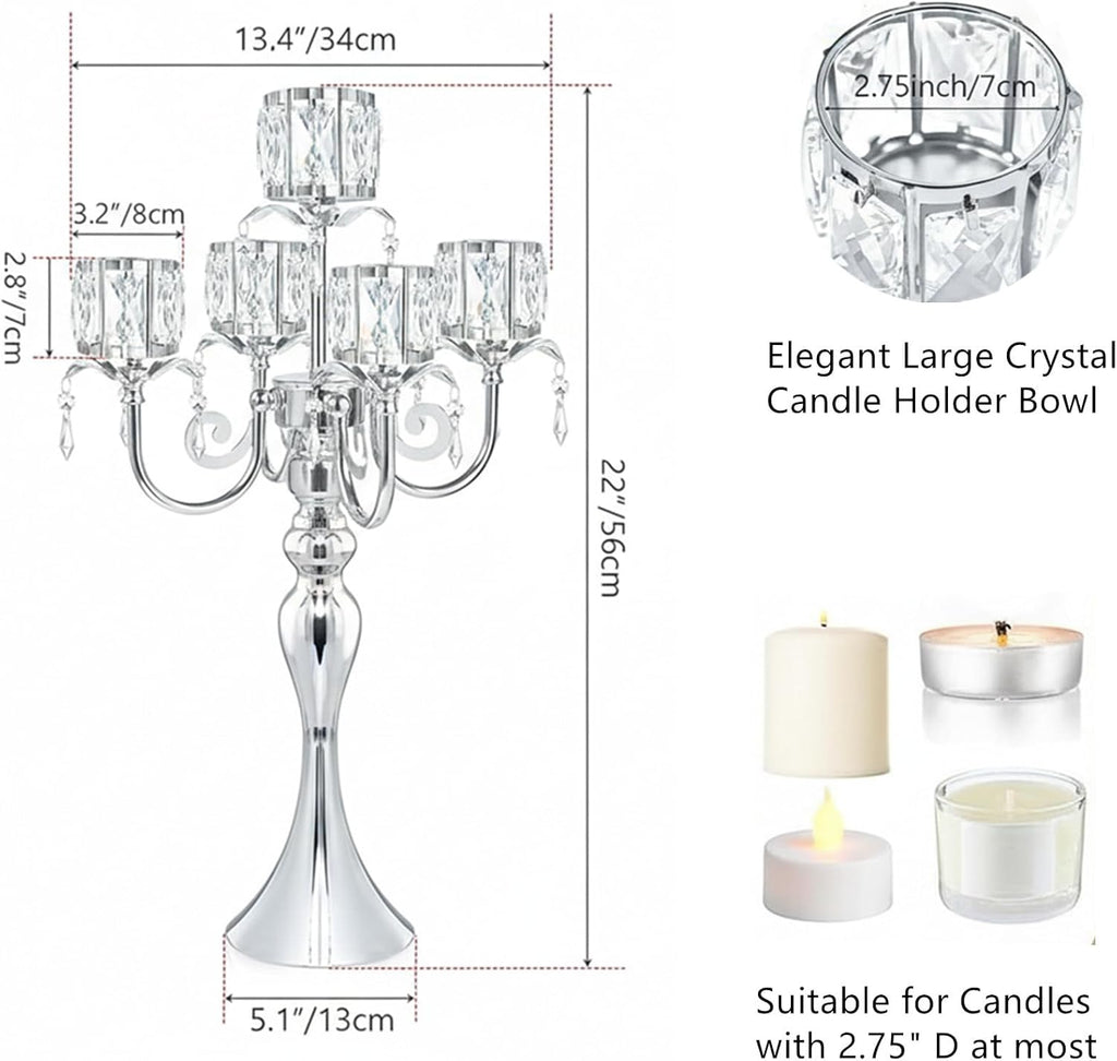 Silver Candelabra Centerpieces for Tables - 5 Arm Crystal Pendant Candle Holders, Elegant Metal Table Centerpieces
