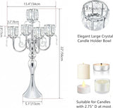 Silver Candelabra Centerpieces for Tables - 5 Arm Crystal Pendant Candle Holders, Elegant Metal Table Centerpieces