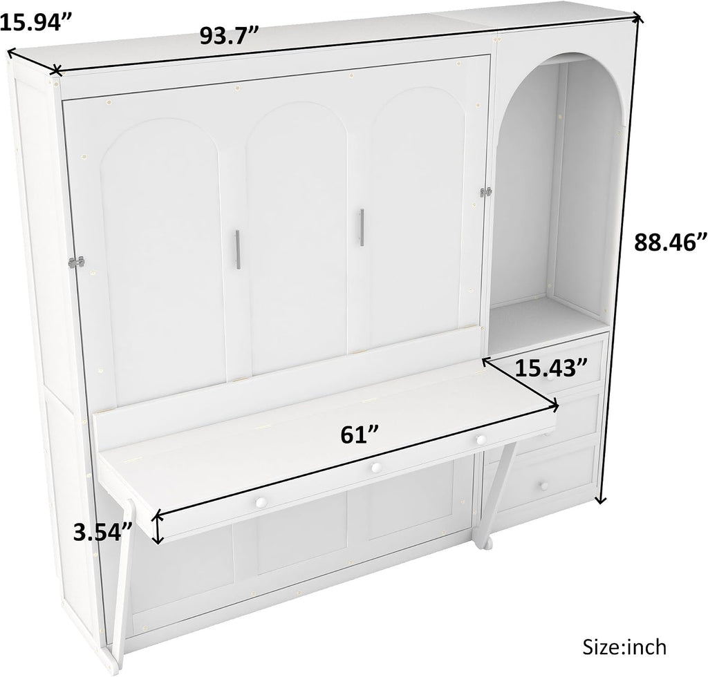 Queen Murphy Bed with Desk, Storage Shelf, 3 Drawers, Solid Wood Frame, 800 lbs Capacity, Easy to Install, Quiet