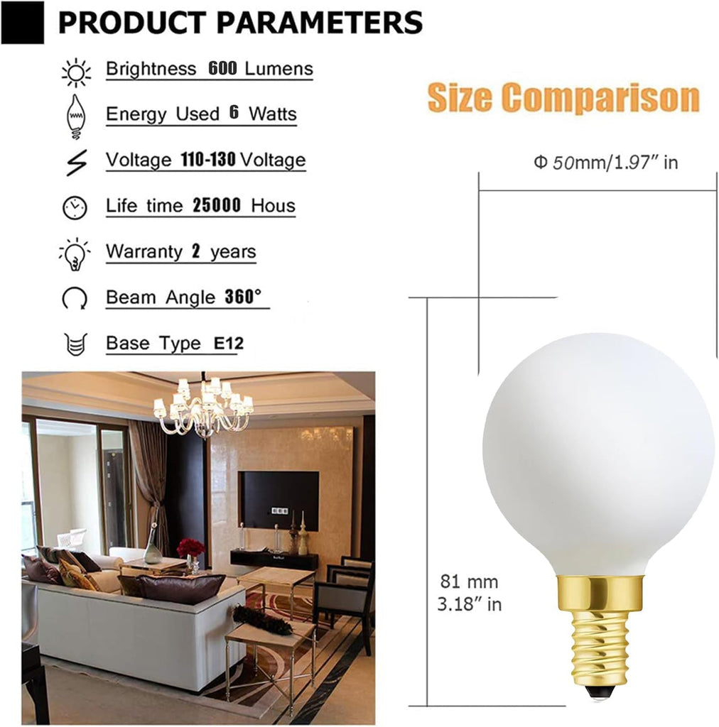 Frosted G16.5 globe light bulb,e12 Round Candelabra Bulb 60 watt,6W Chandelier Light Bulbs,Milky White Candelabra LED (6Pack)