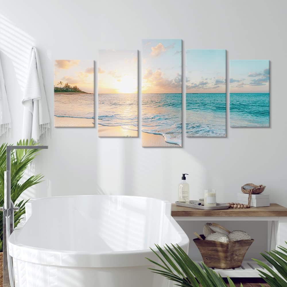 5 Pieces Beach Sunset Canvas Wall Art Blue Sea Prints Romantic Ocean Waves Pictures Painting Bedroom Home Decorations