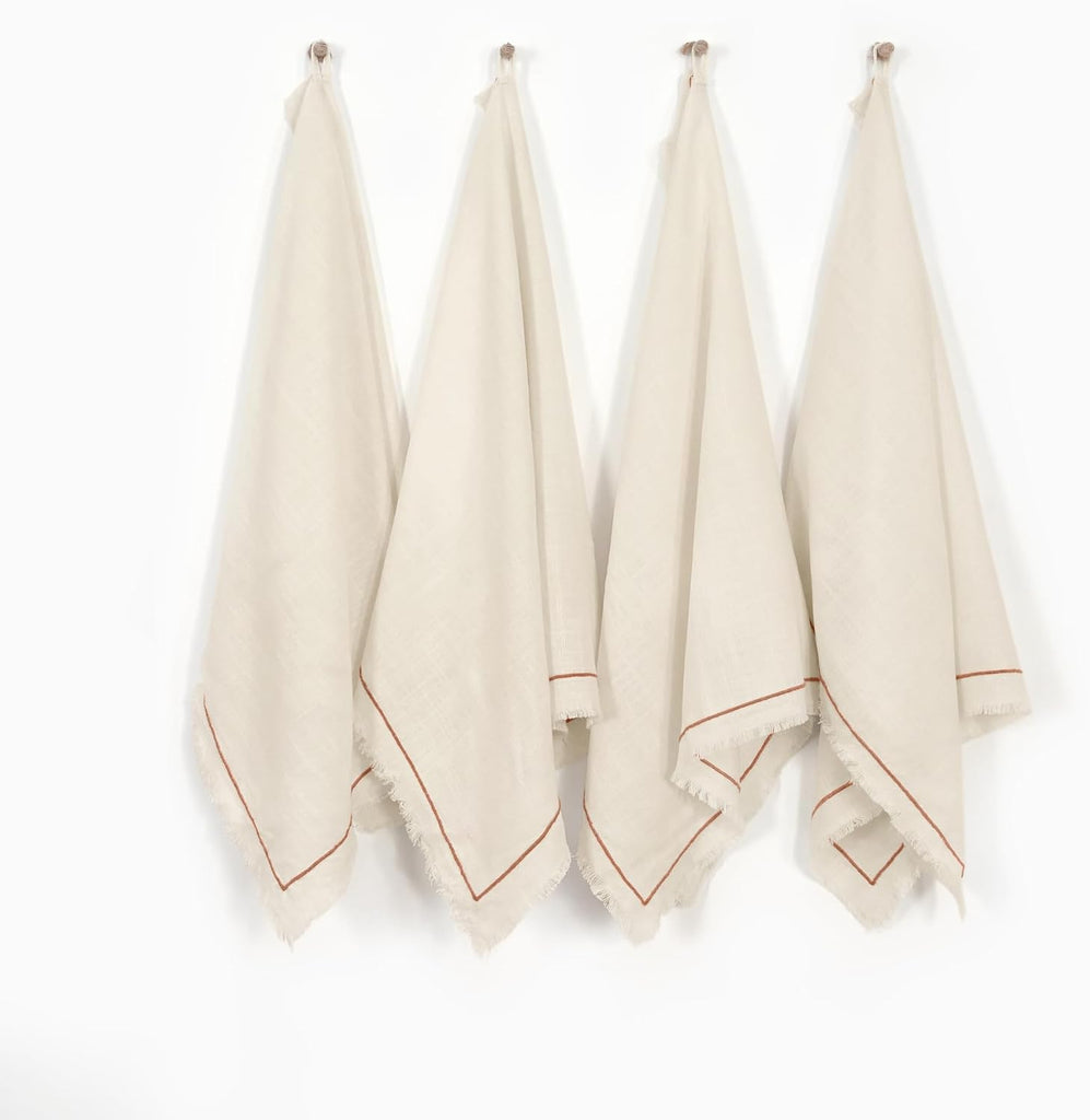 Linen World Dish Towels Set of 4, 20 x 28 Inch Linen Blend Kitchen Towel, Frayed Edge, Embroidered Border, Absorbent