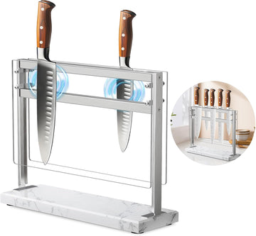 Acrylic Shield Magnetic Knife Block Holder - Marble Base Magnetic Knife Stand for Counter Top -Double Sided Magnetic