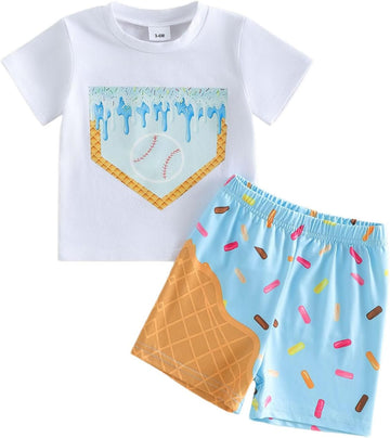 Toddler Baby Boy Summer Outfits Short Sleeve Ice Cream Baseball T-Shirt with Shorts 2Pcs Casual Clothes Set