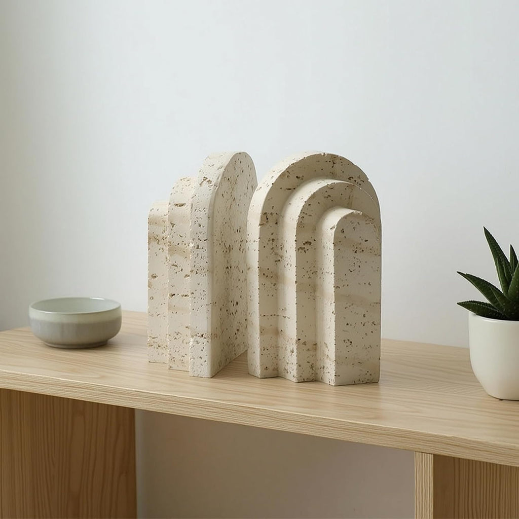 Resin Bookend Decorative Arch Bookend Sculptural Imitation Travertine Book Stopper for Readers, Bookshelf, Desk