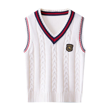 Boys Knit Cotton V Neck Sweater Vest Sleeveles Toddler Vest Collar Ribbed Sweater Girls School Uniform Clothes White