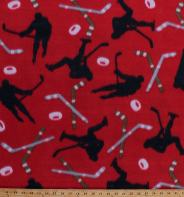 Fleece Hockey Players Hockey Sticks and Pucks on Red Winter Sports Fleece Fabric Print by The Yard (A409.32)
