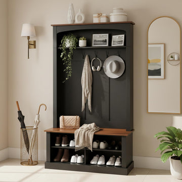 40.2" Wide Farmhouse Hall Tree with Bench, Entryway Coat Rack & Shoe Storage Cabinet with 5 Hooks, 71" Tall Mudroom