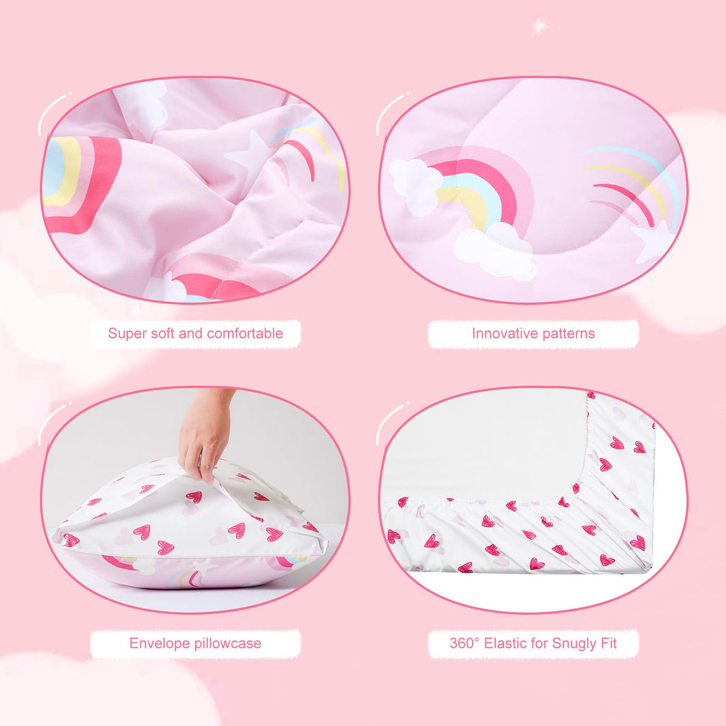 4 Piece Toddler Bedding Set - Soft Breathable Toddler Bedding Set for Girls, Includes Quilted Comforter, Flat Sheet