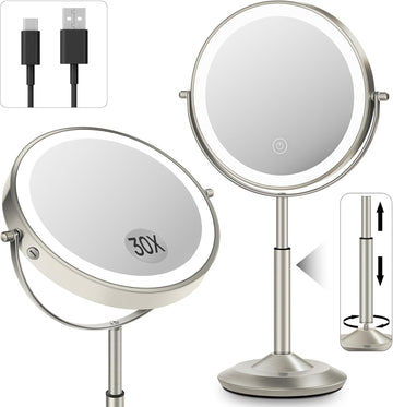 Makeup Mirror with Lights, 1X/30X Lighted Magnifying Mirror Height Adjustable, 3000mAh Rechargeable Double Sided