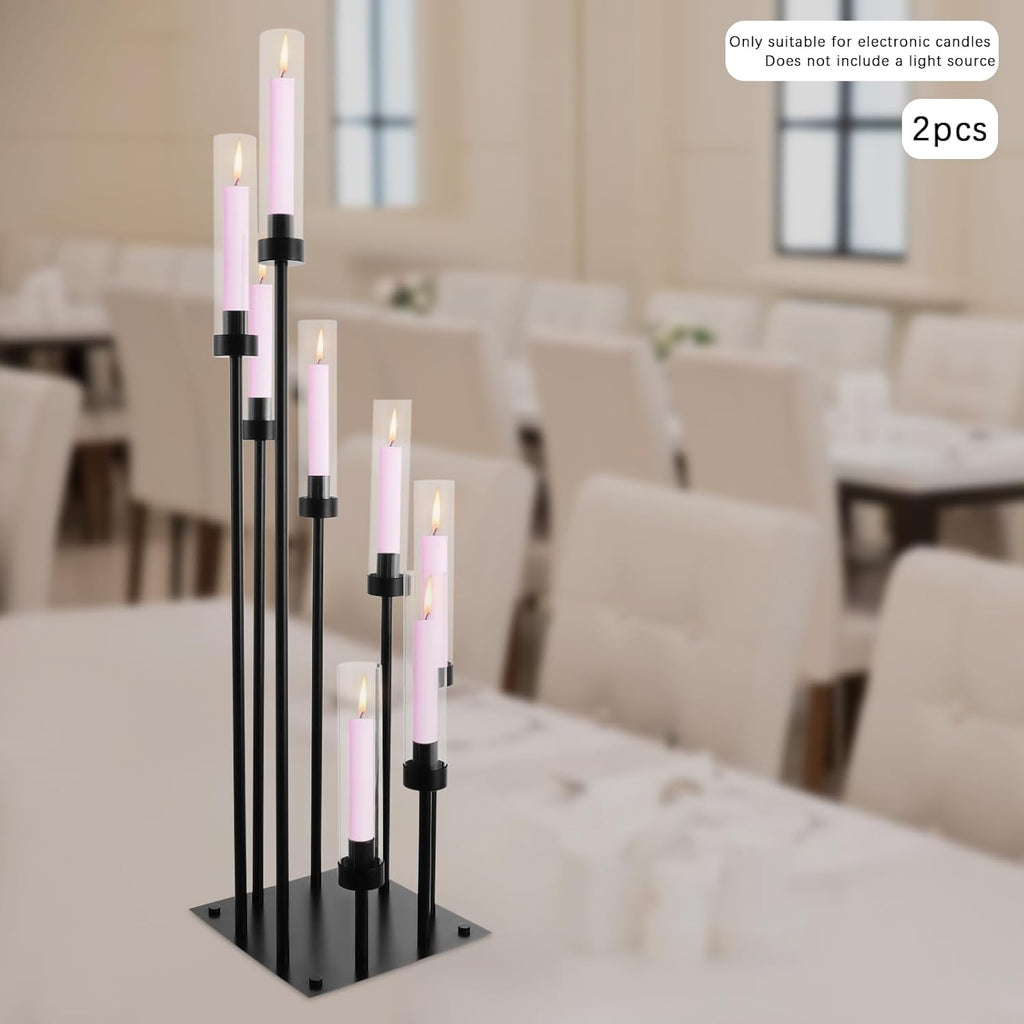 8-Arms Black Floor Candle Holder, Set of 2 Modern Candelabra with Acrylic Shades for Table Centerpiece, Home Decor