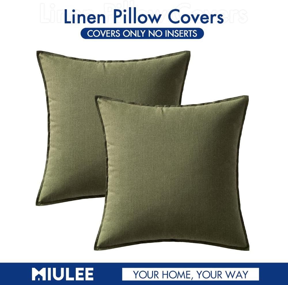 26x26 Inch Pack of 2 Decorative Euro Shams Linen Pillow Covers Boho Farmhouse Modern Soft Accent Throw Pillows, Olive