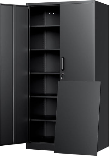 Metal Storage Cabinet with Lock - 72" Garage Storage Cabinet with 2 Locking Doors and 5 Adjustable Shelves, Black