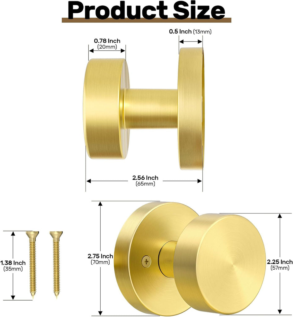 2 Pack Gold Dummy Door Knob Satin Brass Dummy Door Knobs Interior, Round Modern Door Knob Brushed Gold Dummy Door