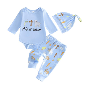 Easter Baby Boy Outfit Newborn Long Sleeve Bunny Lamb Onesie Romper+Pants+Hat Infant Toddler Clothes Set (E He is