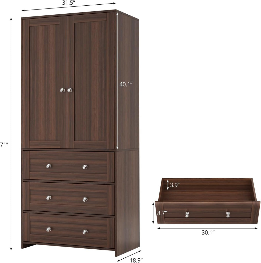71" Tall Armoire Wardrobe Closet with Drawers and Mirror | Clothing Storage Cabinet with Hanging Rod, 2 Doors Wooden