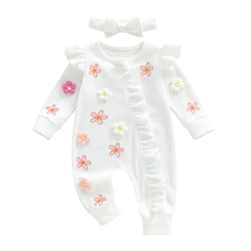 Newborn Baby Girl Clothes Ribbed Ruffle Romper Long Sleeve Zipper Onesie Jumpsuit Coming Home Outfit Girl (3D Flower