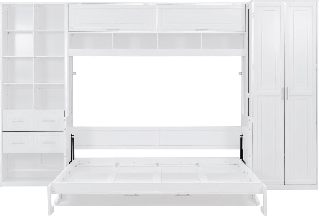 Queen Murphy Bed with Tall 90.6" Closet Wardrobe & Shelves & Drawers, All-in-One Multi-Storage Side Flip Wood MDF