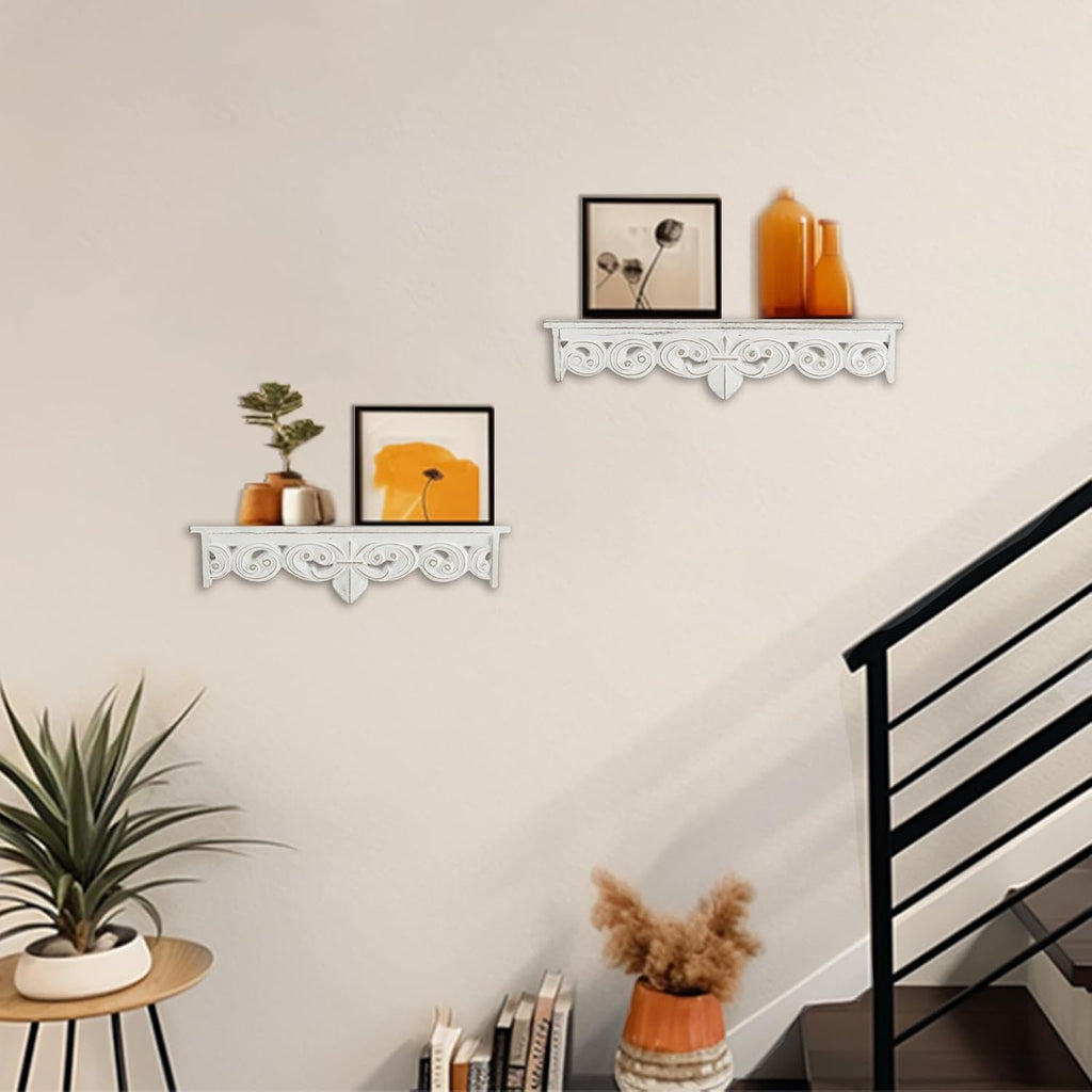 Whitewashed Wood Floating Wall Shelves Set of 2, 16.5in & 15in Long | Shelves with Crown Molding Details, Distressed