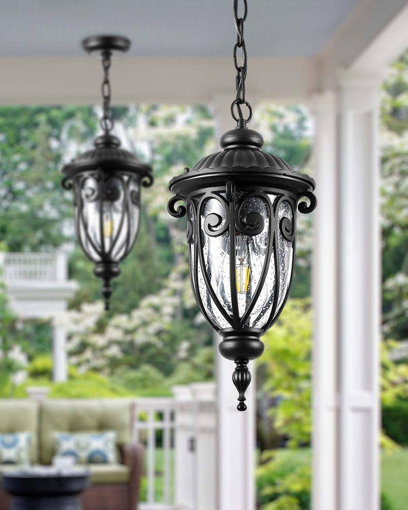 Black Outdoor Pendant Light Lantern, Modern Outdoor Chandelier, Outdoor Lamp Post Light with Outlet