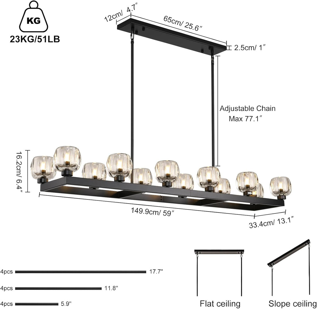 54 Inch Black Rectangle Chandeliers for Dining Room, Black Rectangular Chandelier Over Table, Modern Crystal Long Chandelier, Farmhouse Large Linear Chandeliers for Kitchen Island