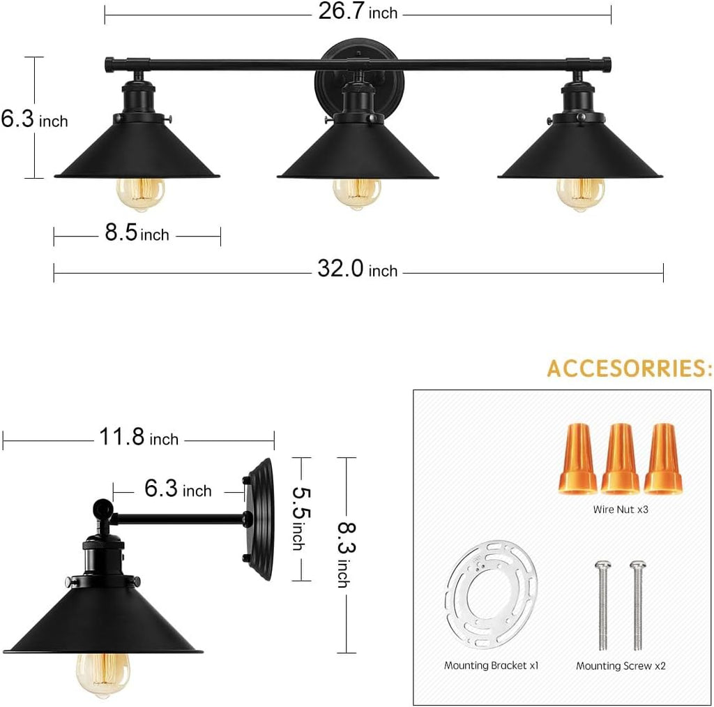 Upgrade Black Farmhouse Bathroom Light Fixtures, Vanity Lights | 32" Larger Size, Solid Metal Shade, Matte Black