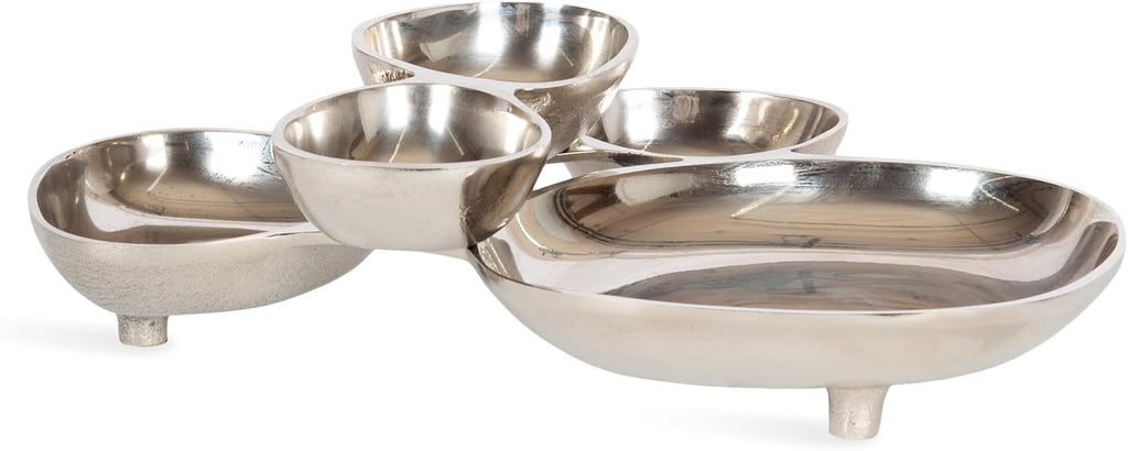 Cluso Modern Metal Tabletop Footed Cluster Tray, 14 x 10, Shiny Silver, Sculptural Cast Aluminum Food-Safe Tray Decor