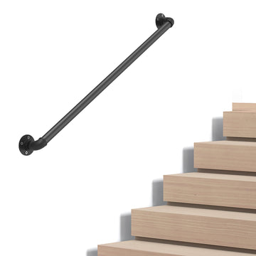 Industrial Pipe Stair Handrail, Wall-Mounted Metal Hand Rail for Indoor & Outdoor Steps, Black Galvanized Iron