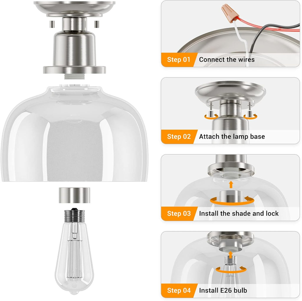 Semi Flush Mount Ceiling Light, Modern Light Fixture with Clear Glass Shade, Brushed Nickel Finish Corridor Kitchen