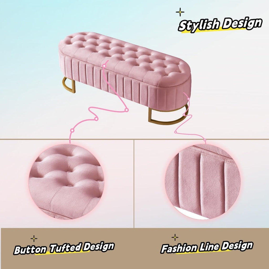Elegant Upholstered Velvet Storage Ottoman with Button-Tufted, Storage Bench with Metal Legs , Fully Assembled Except