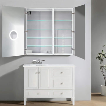 LED Medicine Cabinet 42 Inch X 42 Inch | Recessed or Surface Mount Mirror Cabinet w/Dimmer & Defogger + 3X Makeup