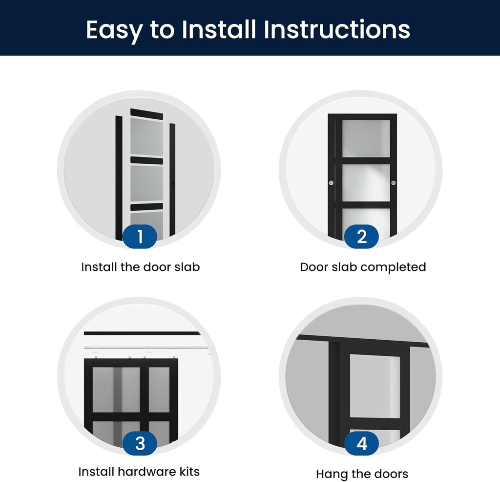 Sliding Closet Door for 72" x 80" Opening, 3-Lite Frosted Glass MDF Barn Door with Hardware Kit Set,