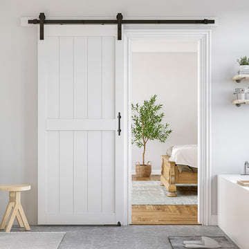 36 x 84 inch White Sliding MDF Barn Door with 6.6FT Black Sliding Door Hardware Kit & Handle, Pre-Dr