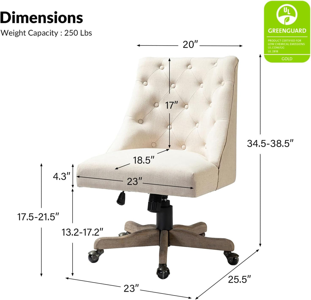 Modern Tufted Armless Home, Comfy Upholstered Desk Chair with Vintage Wood Base, Height Adjustable Swivel Computer