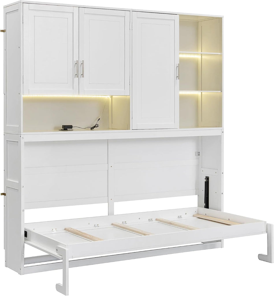 Twin Murphy Bed with Storage Bookcase and Shelves, Space-Saving Horizontal Wall Bed with LED Light & Charging