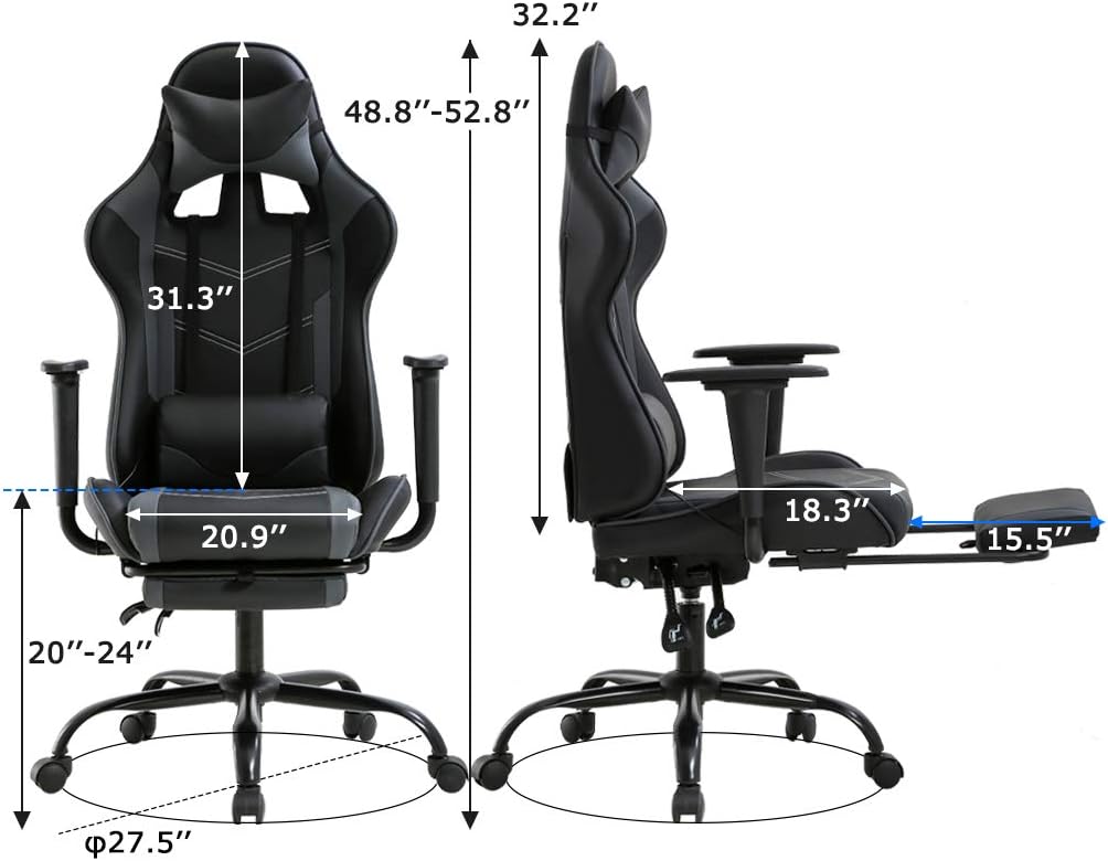 Massage Gaming Chair with Footrest, Office Desk Chair, Black