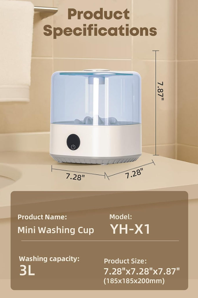 3L Portable Mini Washing Machine, Rechargeable Cordless Underwear & Delicates Washer with Type-C Charging, Compact