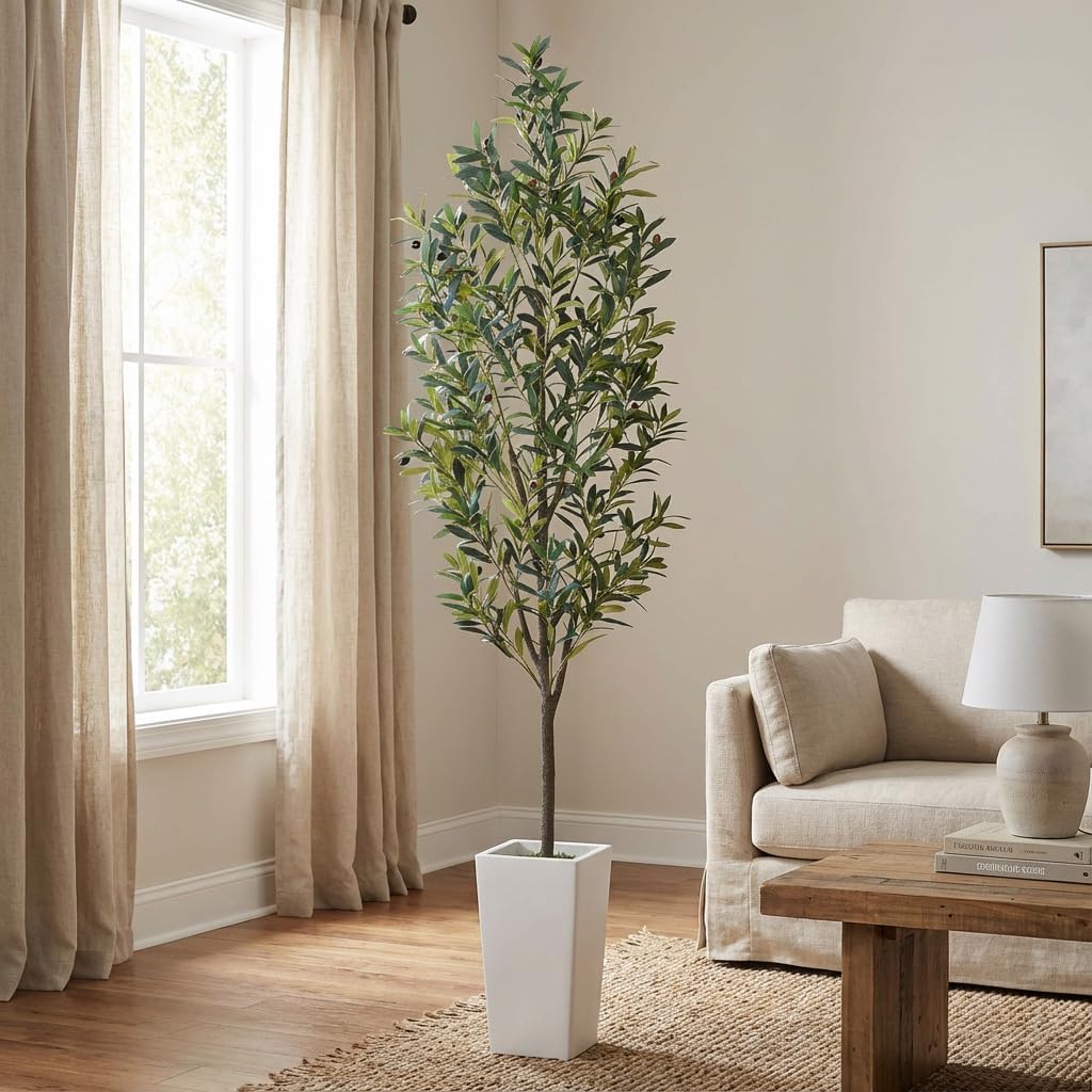 7ft Artificial Olive Tree Decor, 7 Feet Large Faux Plant Fake Skinny Silk Trees with Pot for Indoor Outdoor House