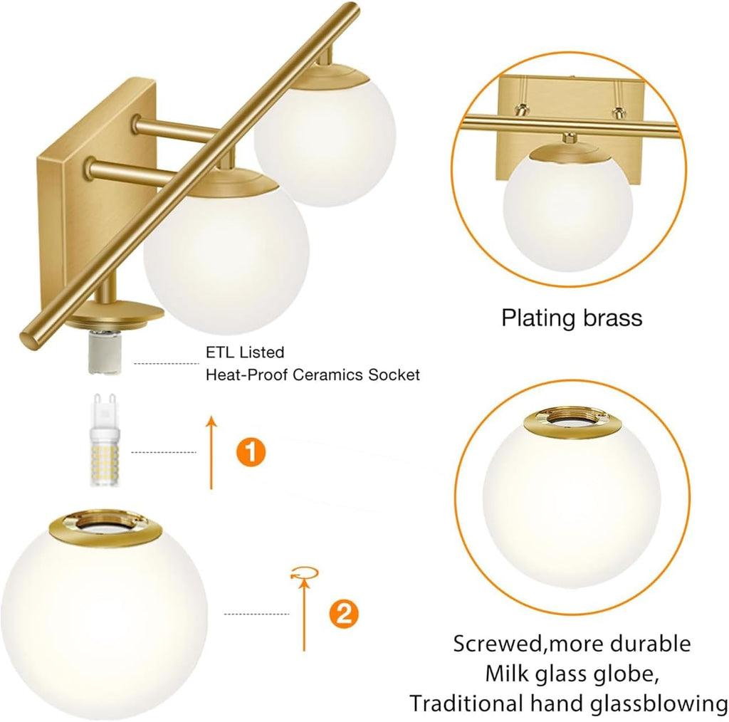 Brushed Brass Bathroom Vanity Light fixtures,24'' 3 Lights Modern Globe Glass Shade Wall Sconce for Over Mirror, Damp