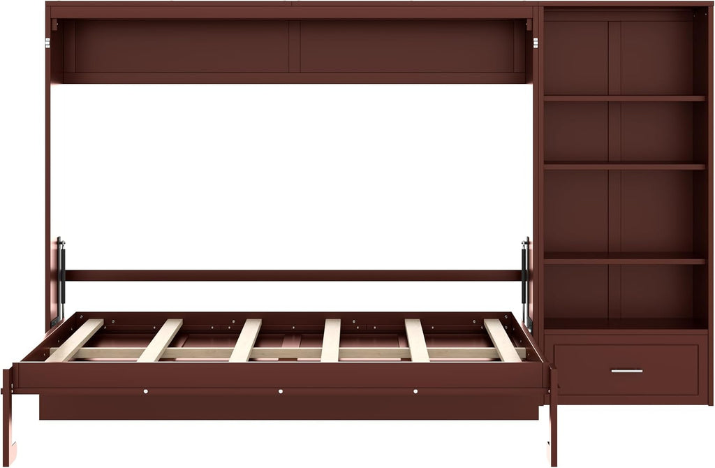 Queen Horizontal Murphy Bed with Desk, Foldable Wall Bed Frame with Storage Drawers, Shelves & Movable Cabinets