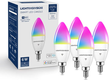 E12 Smart Light Bulbs 60W Equiv., Work with Alexa/Google Home/SmartLife, 500LM 6W RGBCW Candle Candelabra LED Bulbs (4PCS)