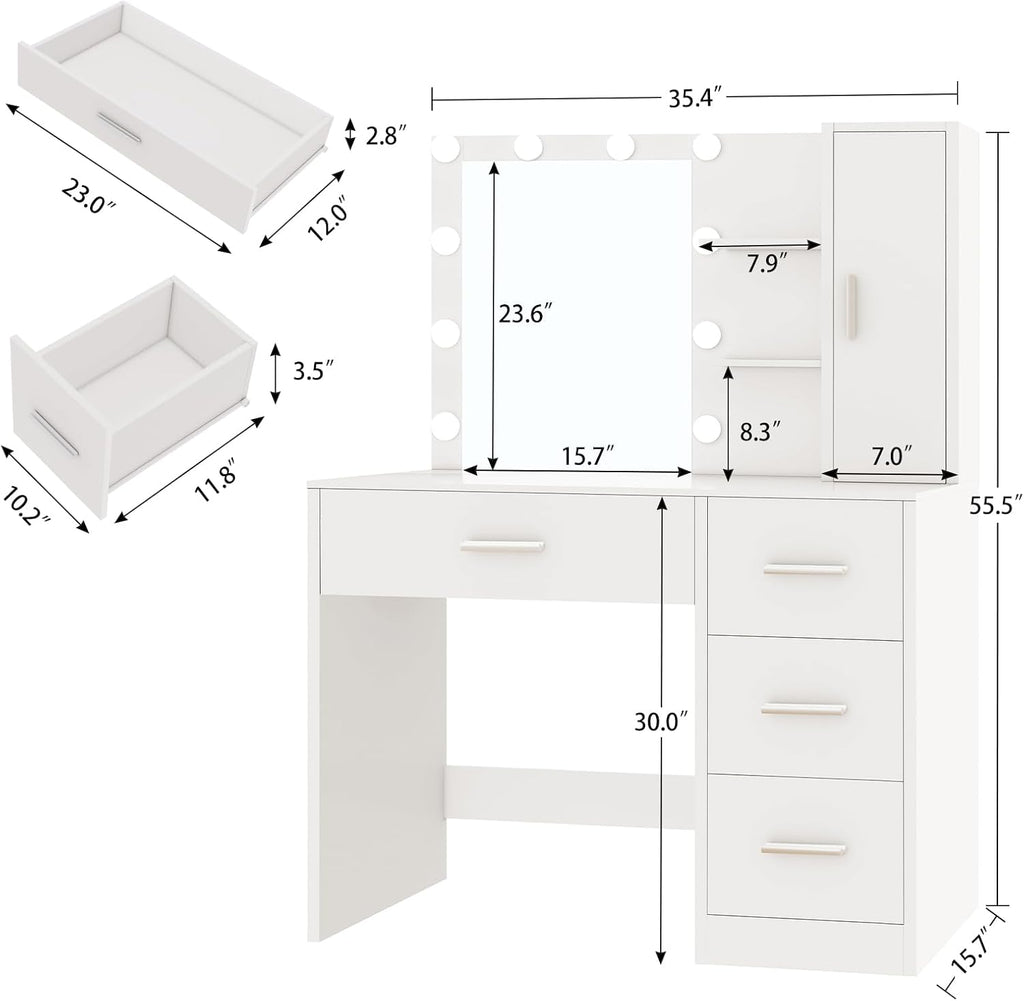 Vanity Desk with Mirror and Lights, Makeup Vanity with 4 Drawers, Cabinet & 4 Necklace Hooks, White Vanity with