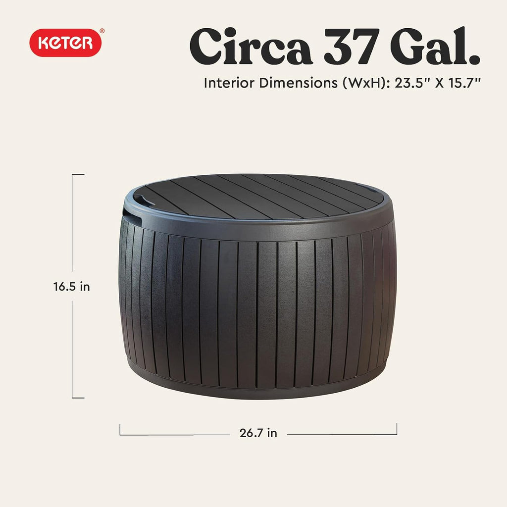 Circa 37 Gallon Deck Box Organizer, Works as Ottoman Chair or Side Table, Brown - Large Resin Round Outdoor Storage