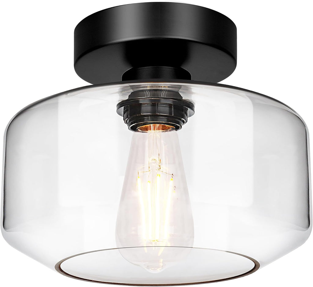 Industrial Semi Flush Mount Ceiling Light Black, Clear Glass Shade Ceiling Light Fixture, Farmhouse Light Fixtures